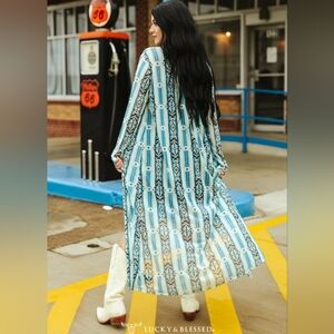 NWT Lucky And Blessed Blue Aztec Mesh Kimono Duster Cardigan